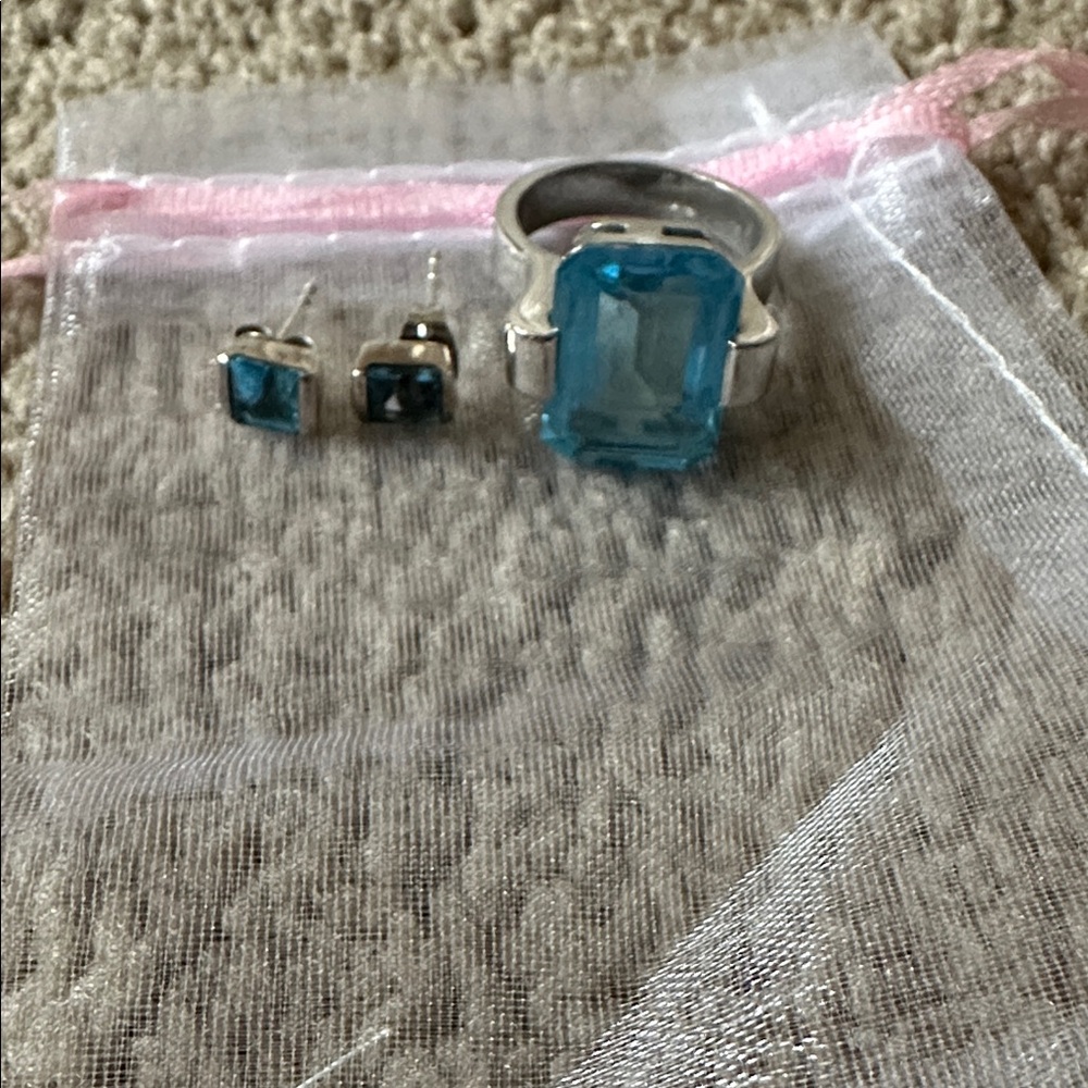 Silver Ring and Earring Set with Blue Stones